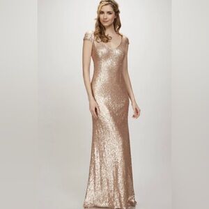 Theia Cap Sleeve Rose Gold Sequin Dress Size 8